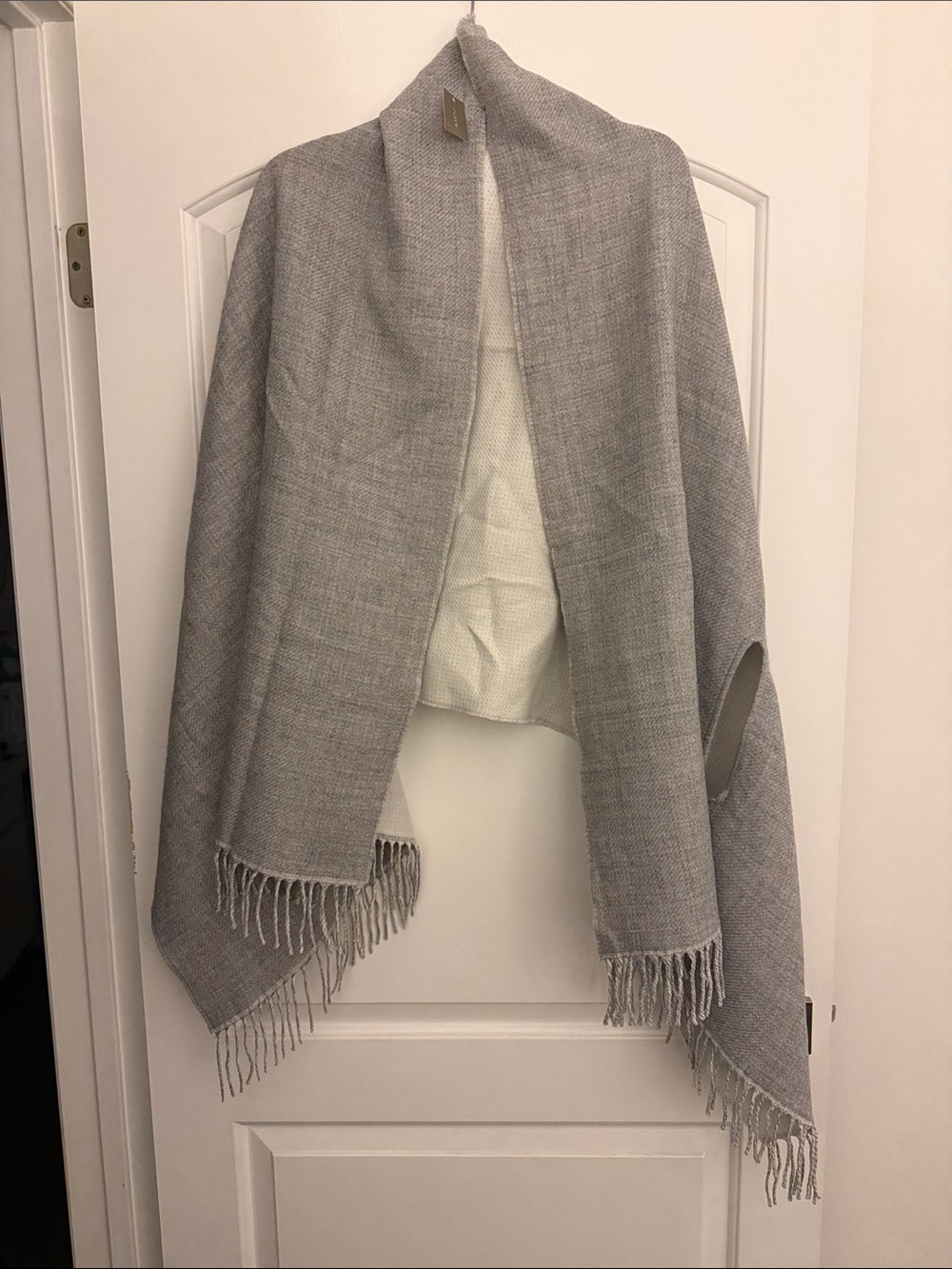 J.Crew Reversible Fringe Cape-Scarf, Gray/Cream — Style H8472 NWT